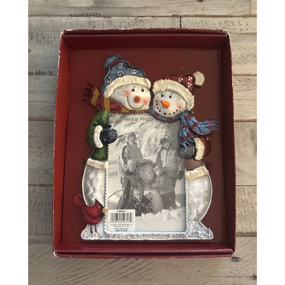 Holiday Time Twins Snowman Style Holiday 3D‎ 4X6 Photo Tin Frame